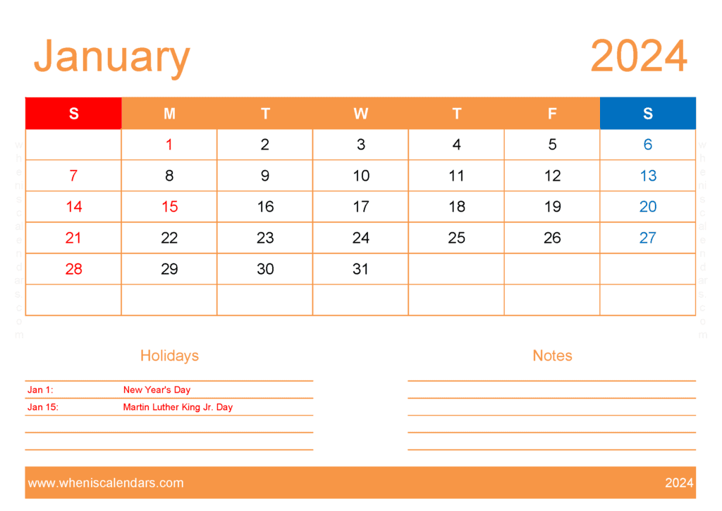 Calendar to print January 2024 Monthly Calendar