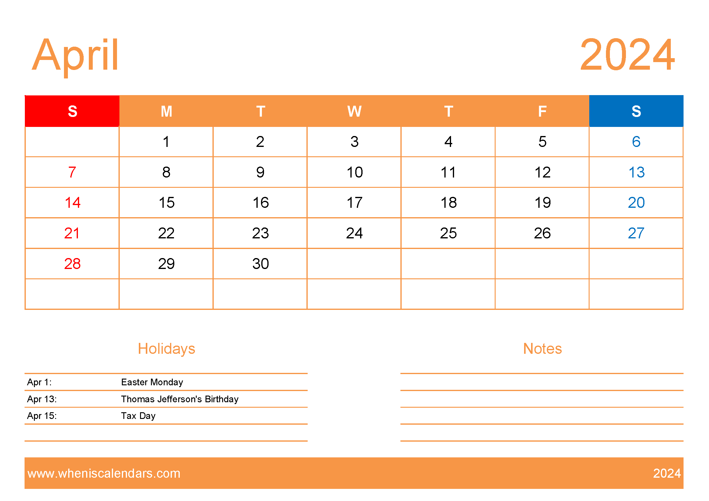 Free Printable 2024 April Monthly Calendar