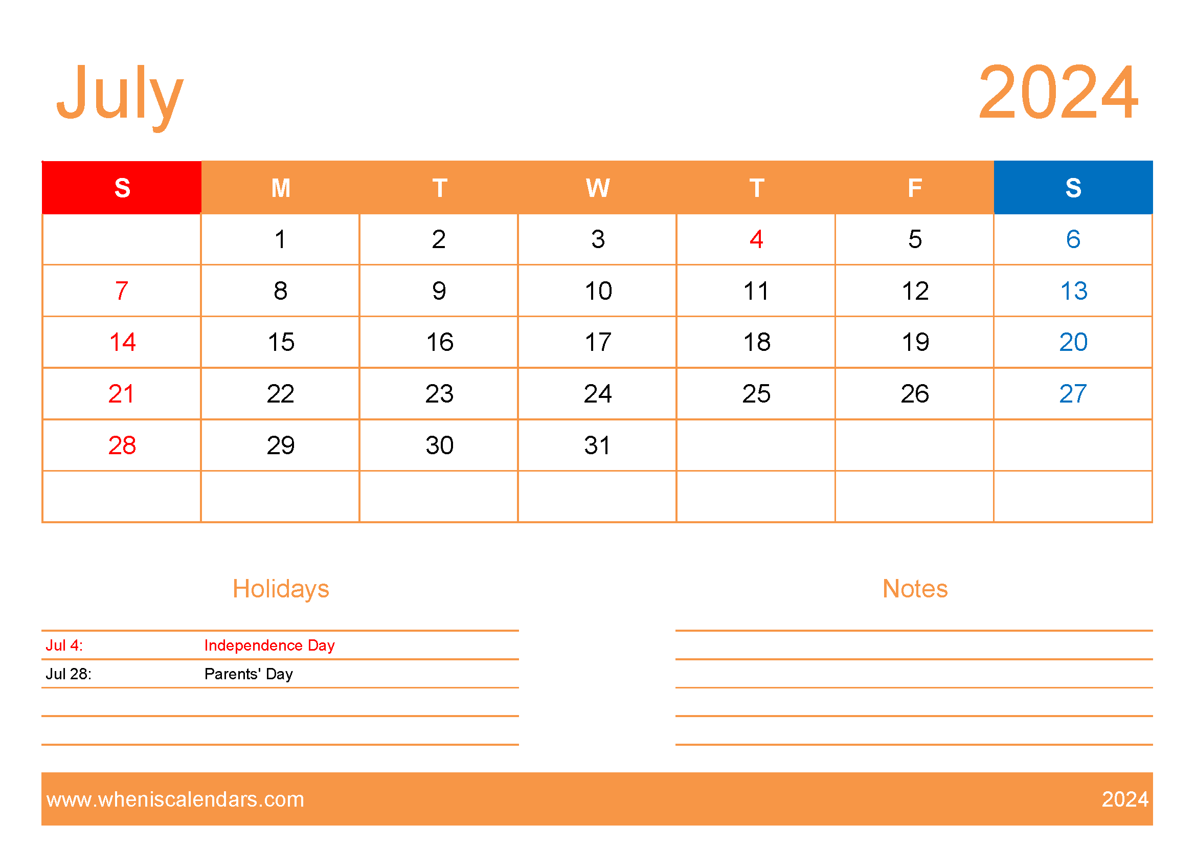 Free Printable 2024 July Monthly Calendar