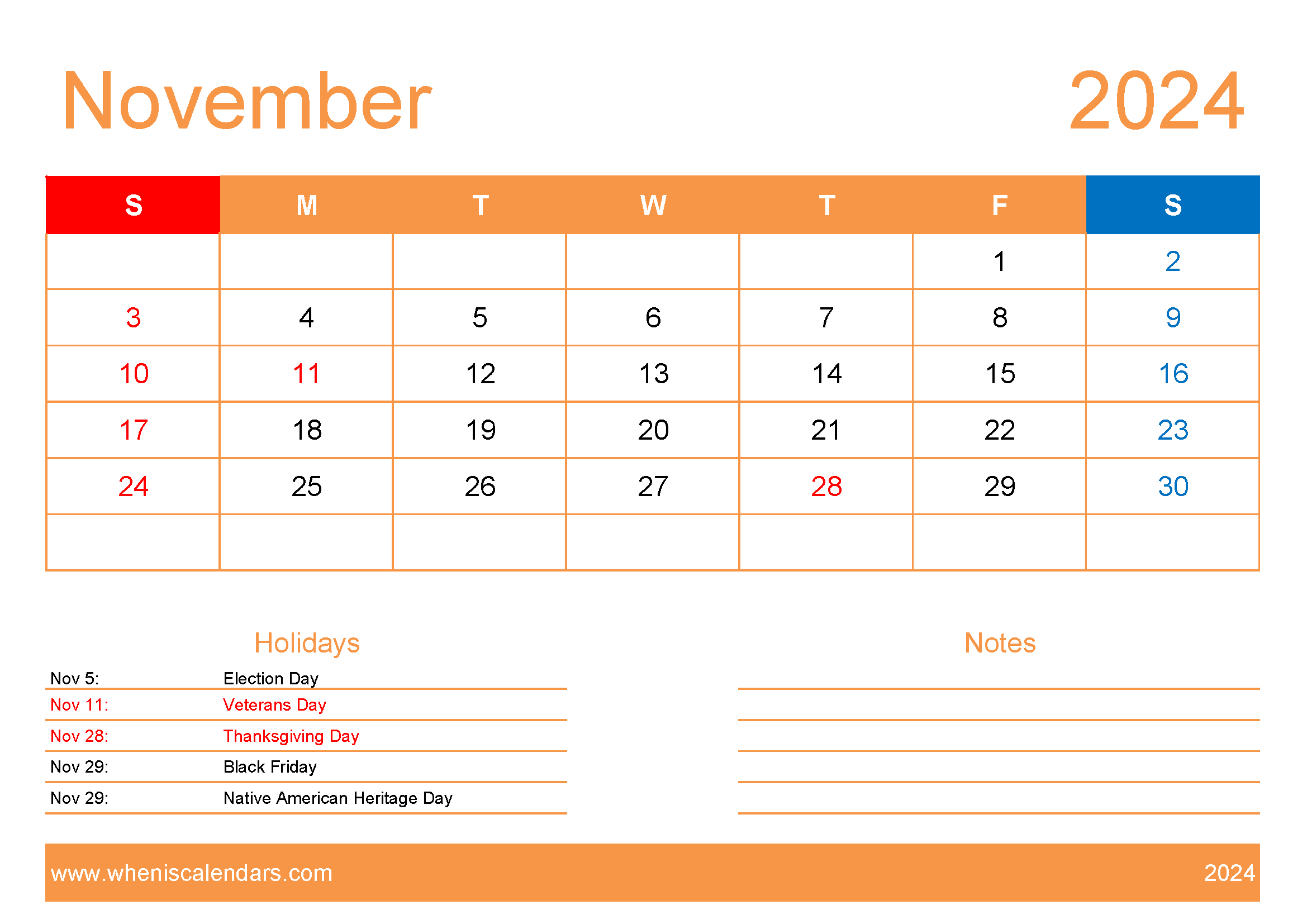 Free Printable 2024 November Monthly Calendar