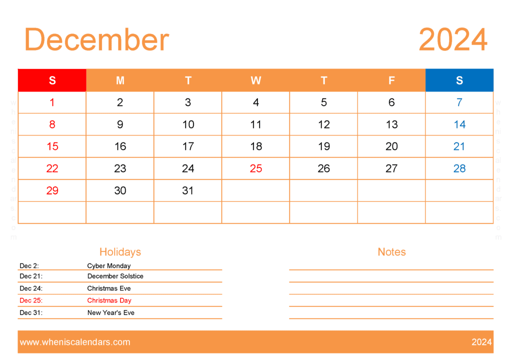 Calendar to print December 2024 Monthly Calendar