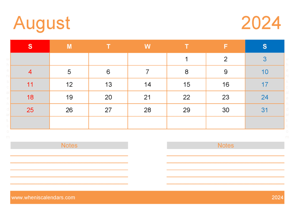 August 2024 Blank Calendar Template Monthly Calendar