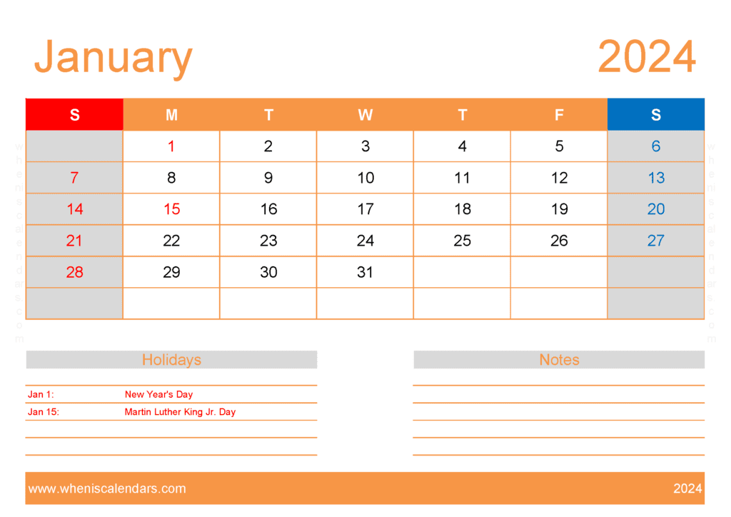 January 2024 Printable Calendar vertical Monthly Calendar