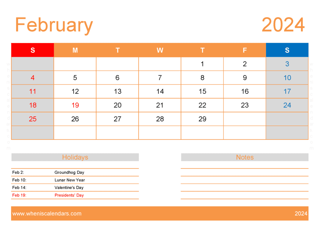 February 2024 Printable Calendar vertical Monthly Calendar