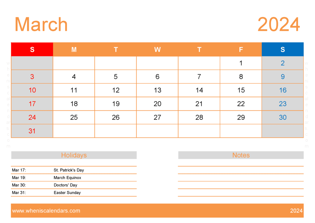 Download March 2024 Printable Calendar vertical A4 Horizontal M34414