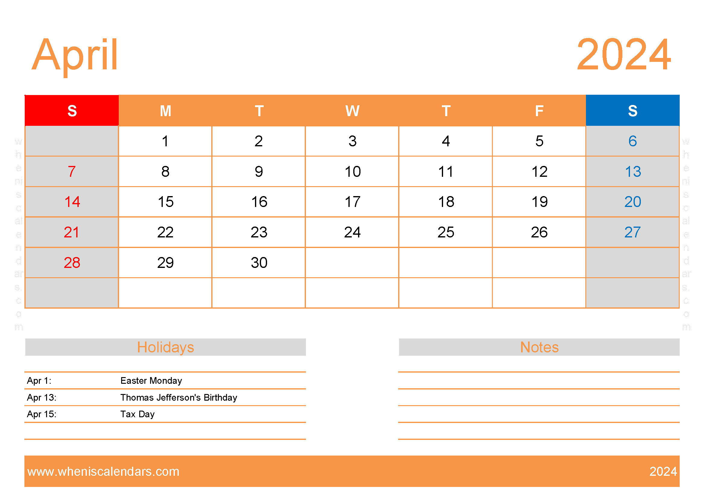 April 2024 Printable Calendar vertical Monthly Calendar