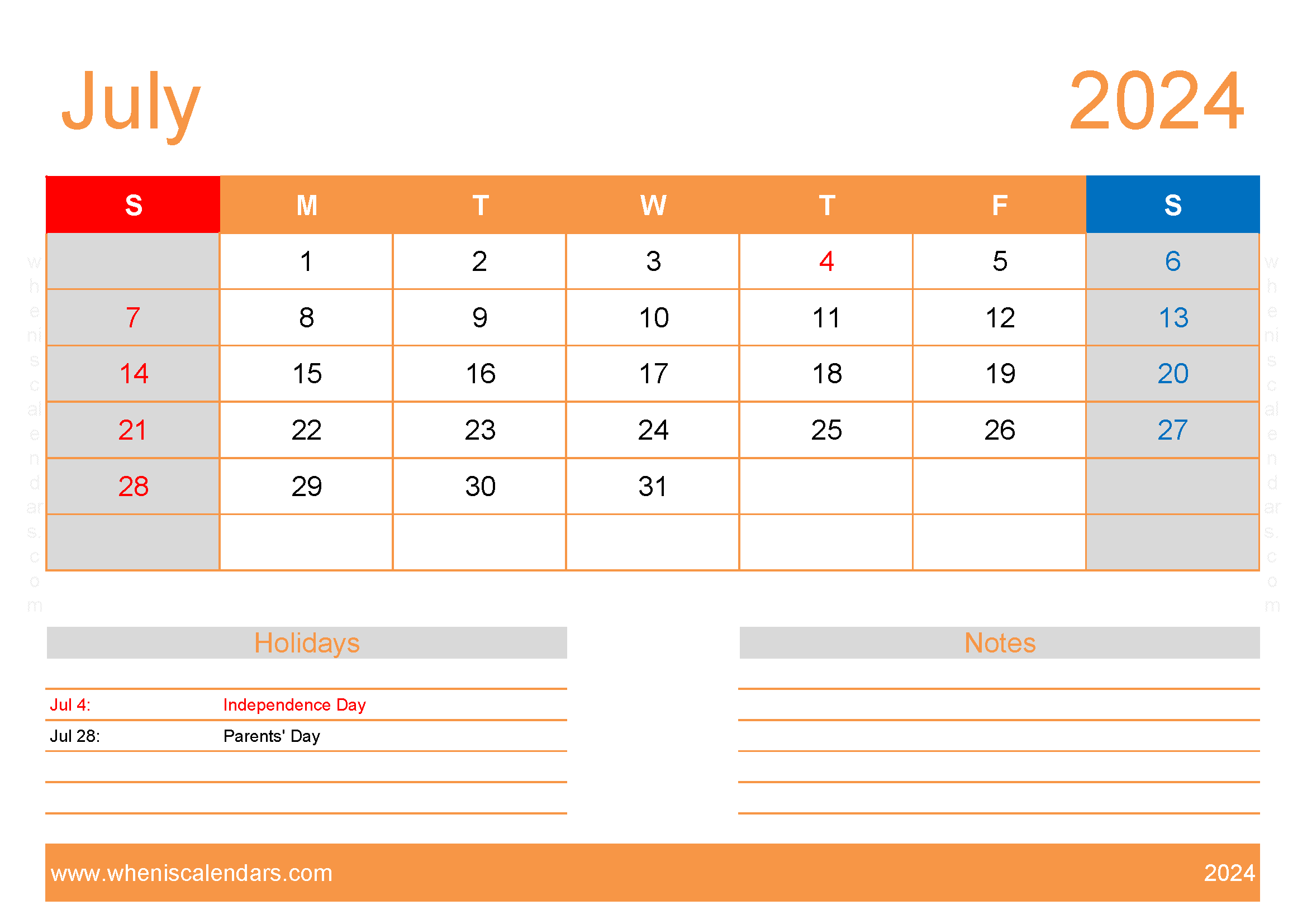 July 2024 Printable Calendar vertical Monthly Calendar