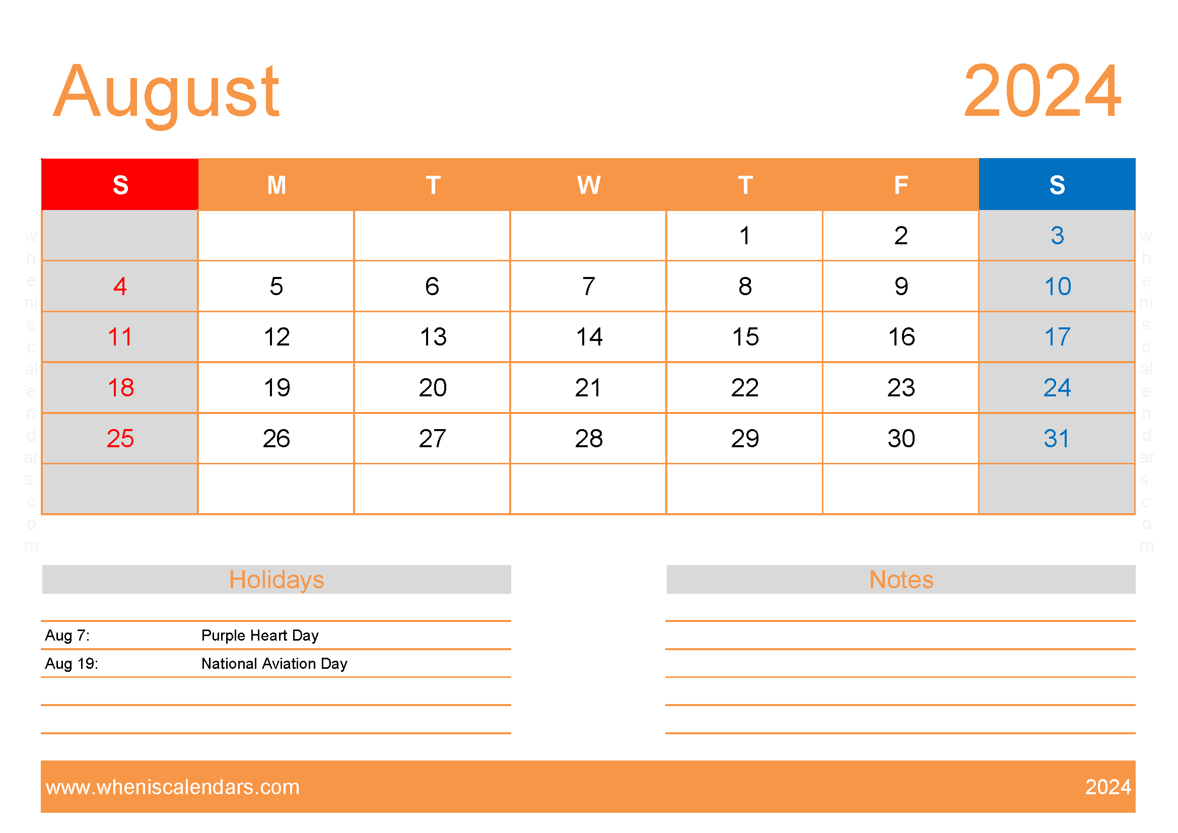 August 2024 Printable Calendar vertical Monthly Calendar