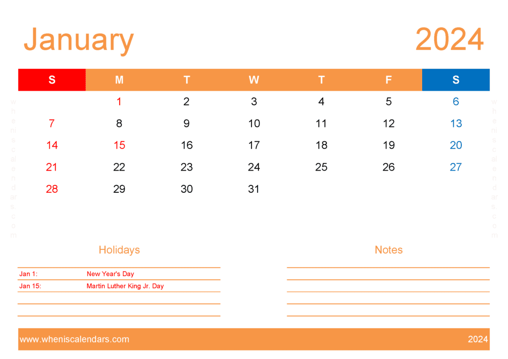 2024 Printable Calendar January Monthly Calendar