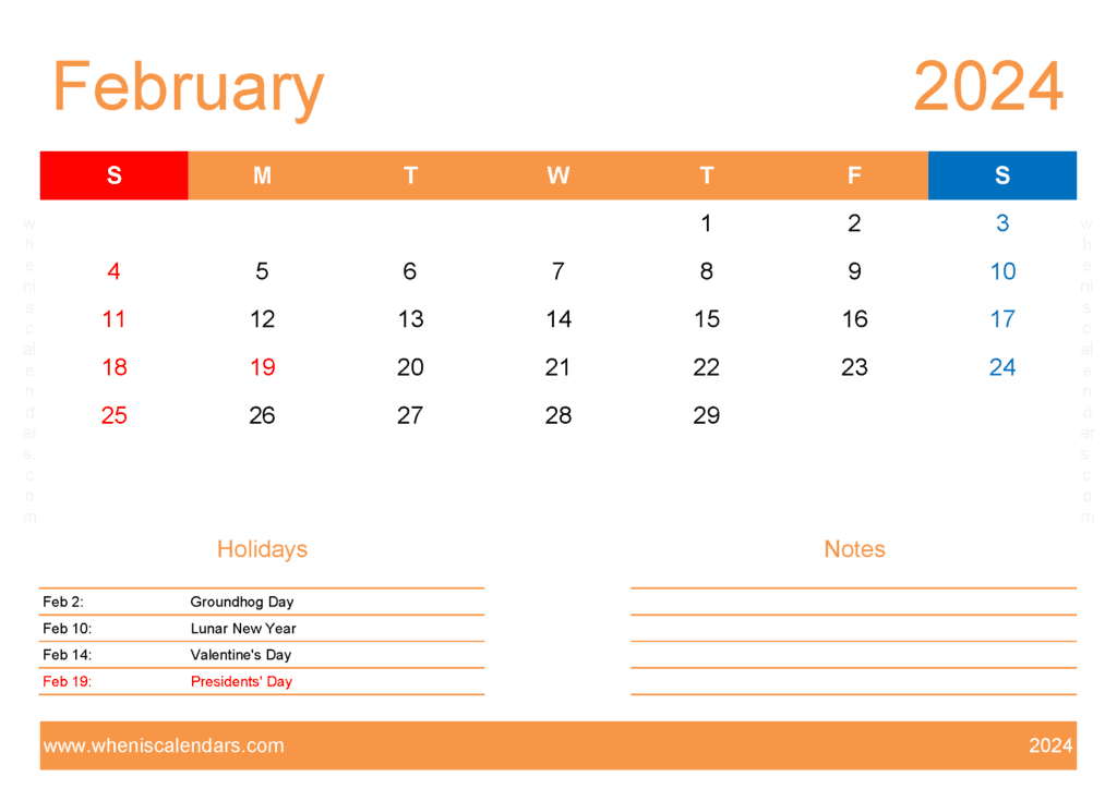 February 2024 vertical Calendar Printable Monthly Calendar