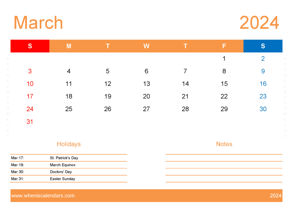 Download March 2024 vertical Calendar Printable A4 Horizontal M34415