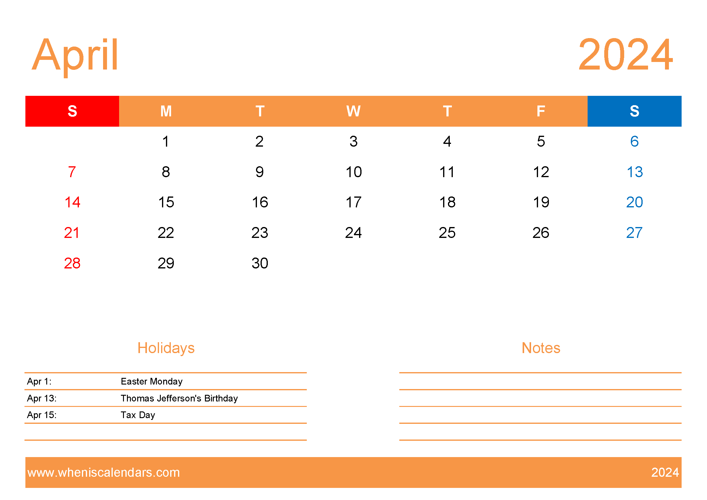 April 2024 vertical Calendar Printable Monthly Calendar