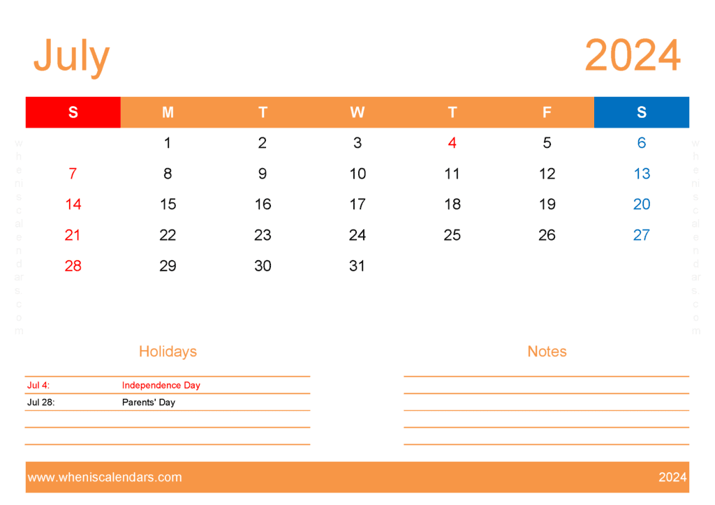 Download July 2024 vertical Calendar Printable A4 Horizontal J74415