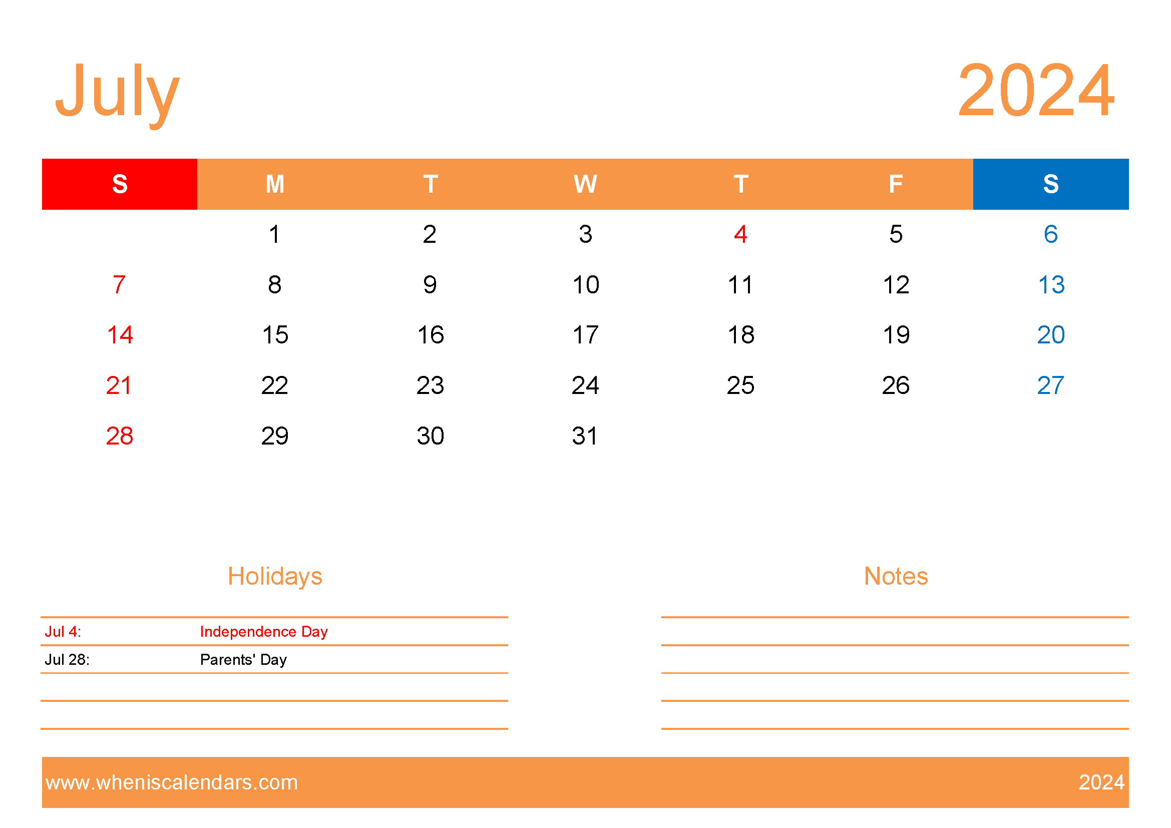 July 2024 vertical Calendar Printable Monthly Calendar