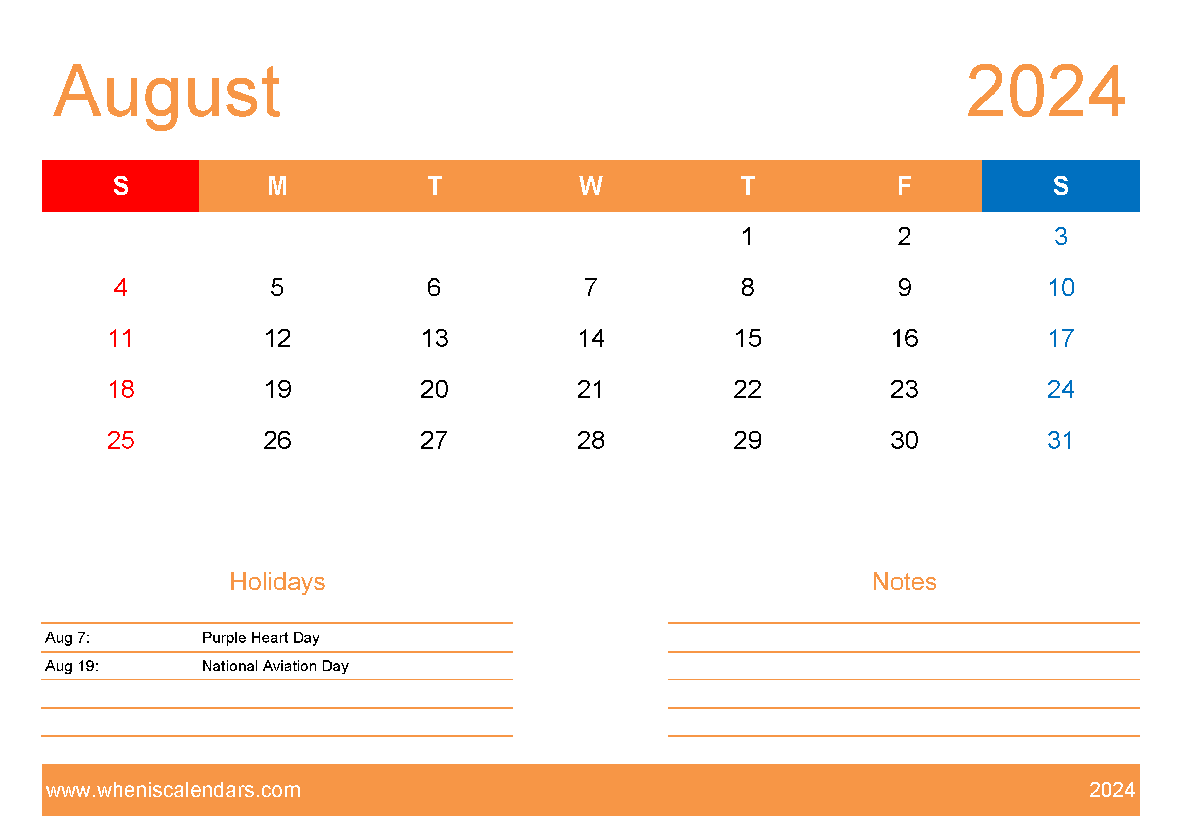 August 2024 vertical Calendar Printable Monthly Calendar