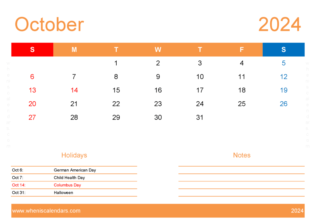Download free October Calendar 2024 with Holidays printable A4 in Horizontal Landscape