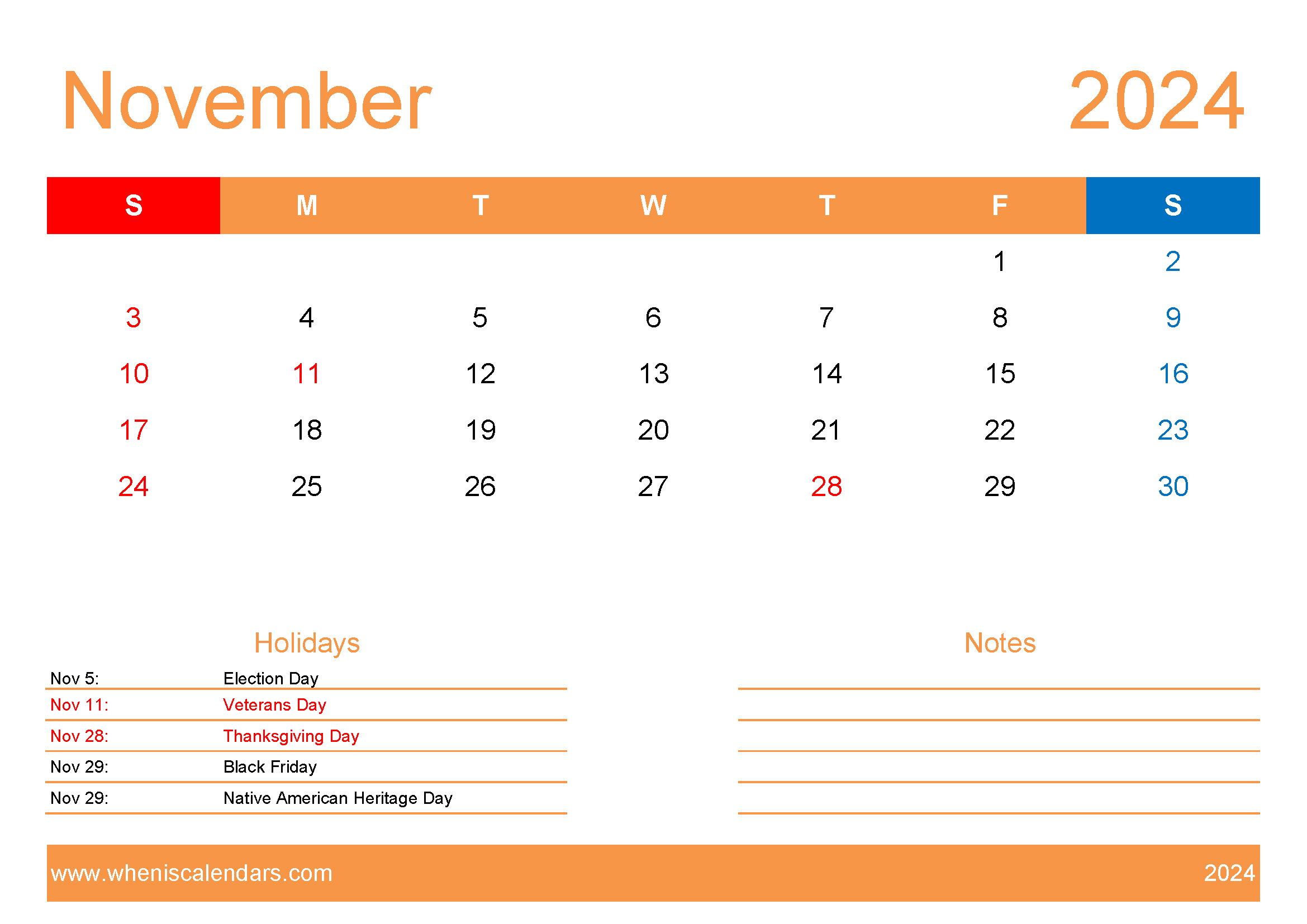 November 2024 vertical Calendar Printable Monthly Calendar