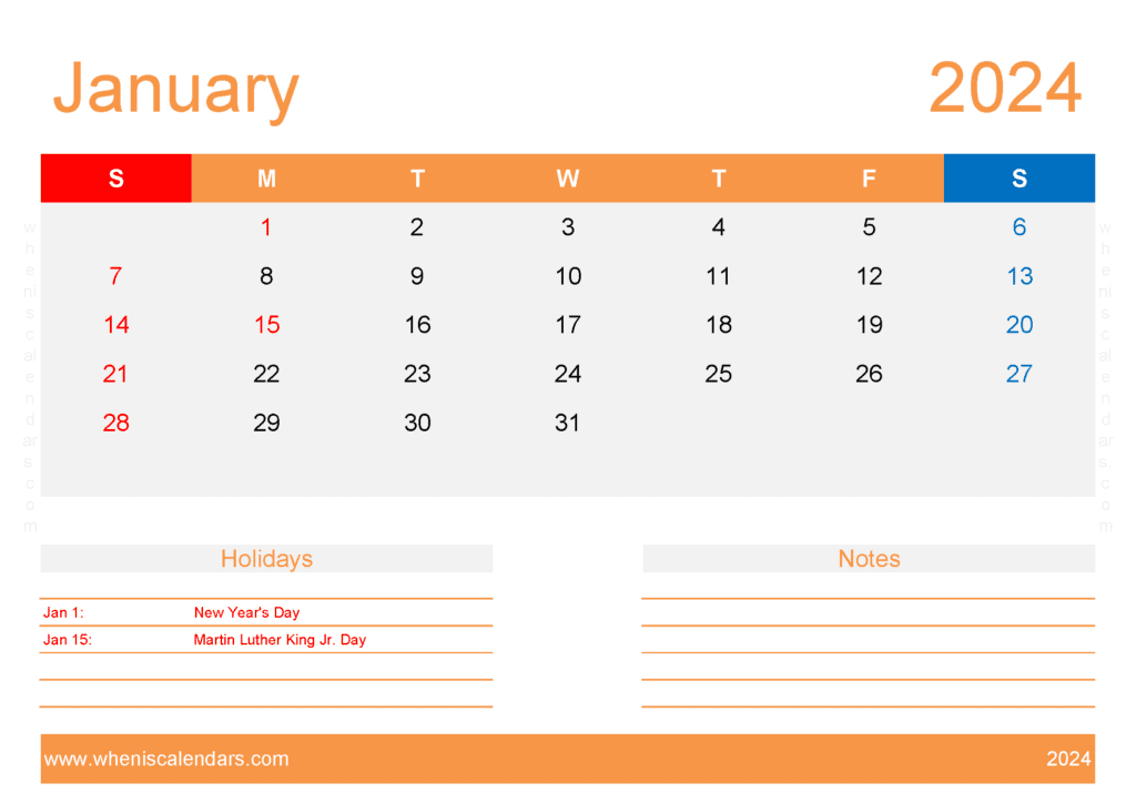 Download Blank Printable January Calendar 2024 A4 Horizontal J4416