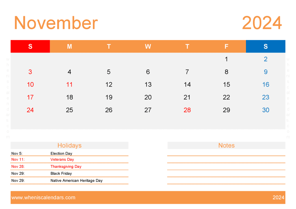 empty Calendar November 2024 Monthly Calendar
