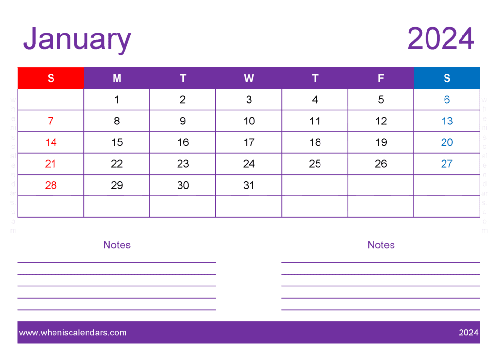 Blank Calendar Printable January 2024 Monthly Calendar
