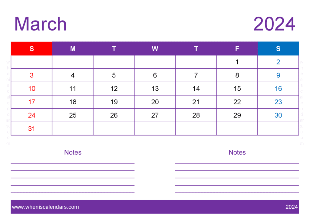 Download Blank Calendar Printable March 2024 A4 Horizontal M34217