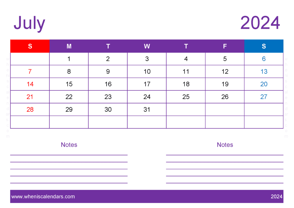 Download Blank Calendar Printable July 2024 A4 Horizontal J74217