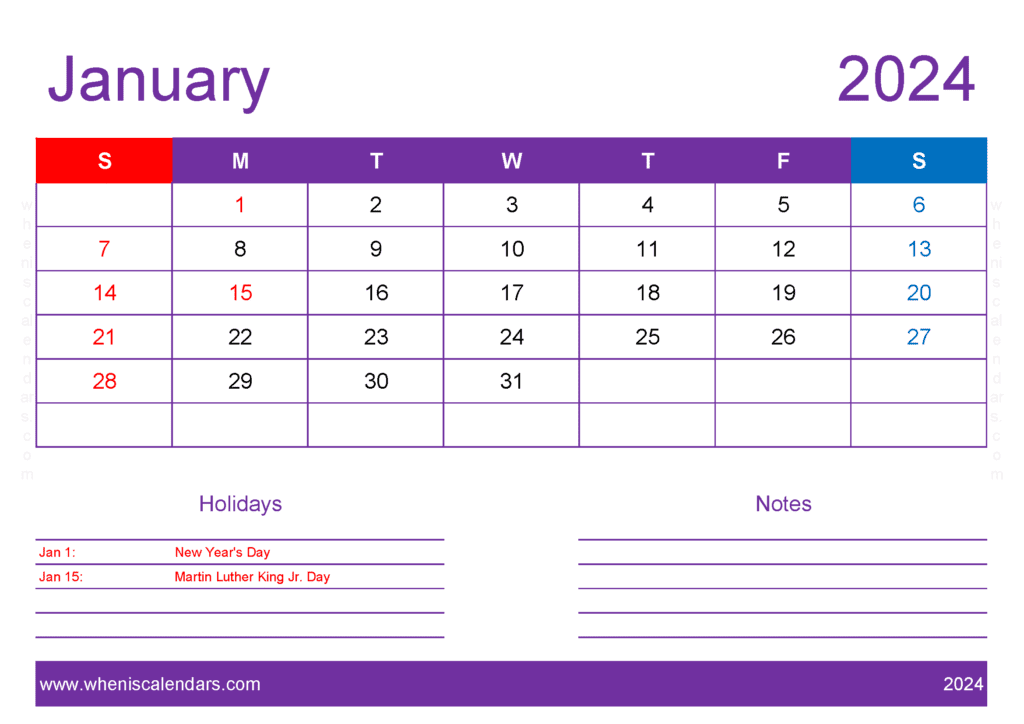 Download January 2024 Blank Calendar pages A4 Horizontal J4417