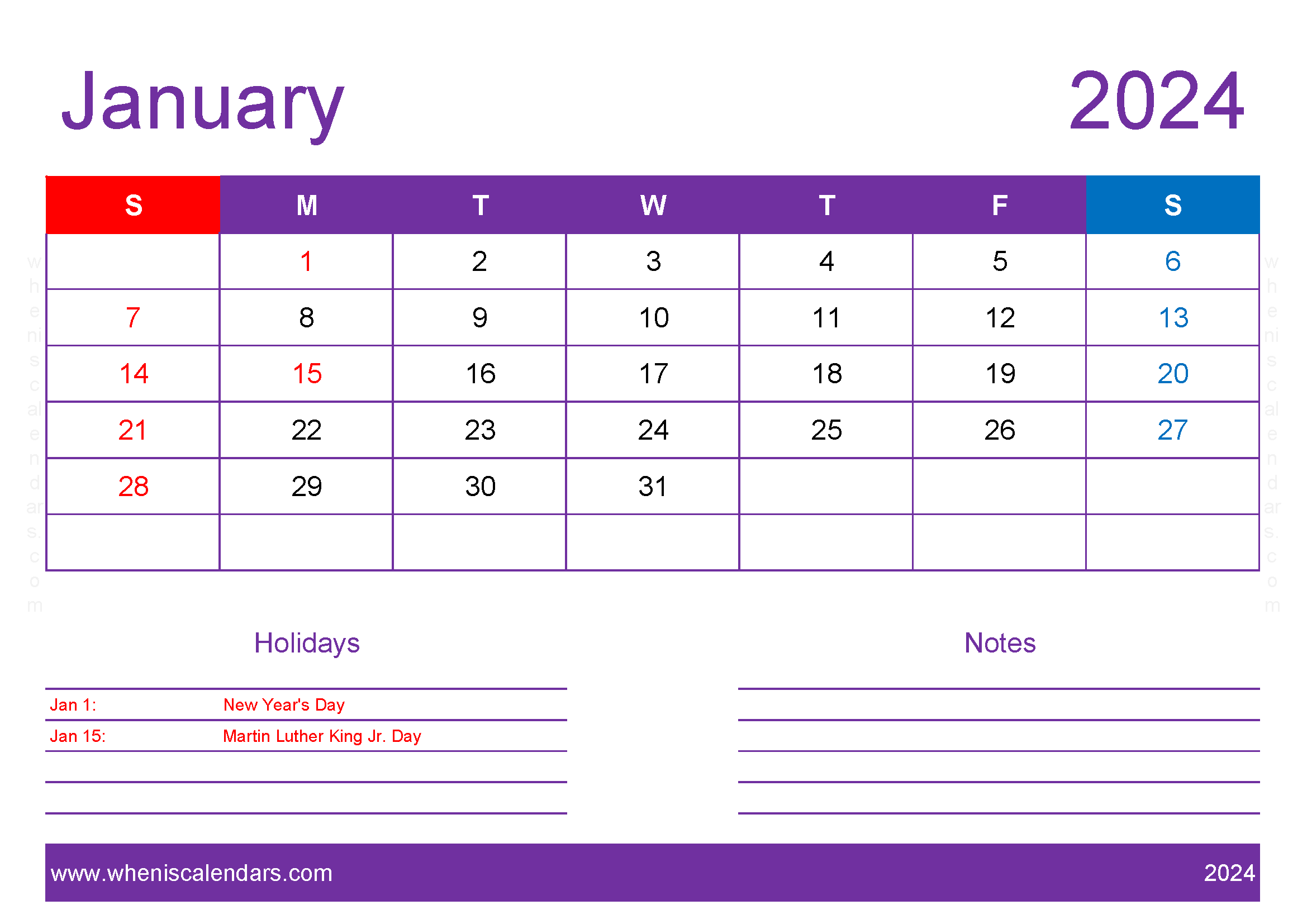 January 2024 Blank Calendar pages Monthly Calendar