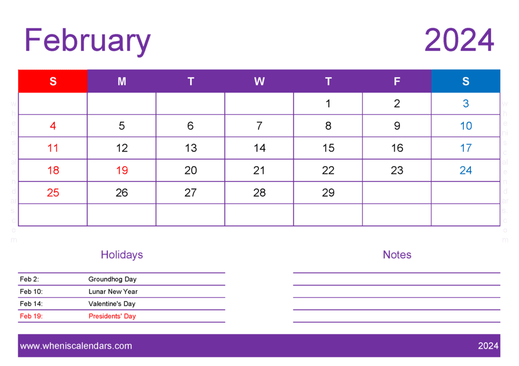 Download February 2024 Blank Calendar pages A4 Horizontal F4417