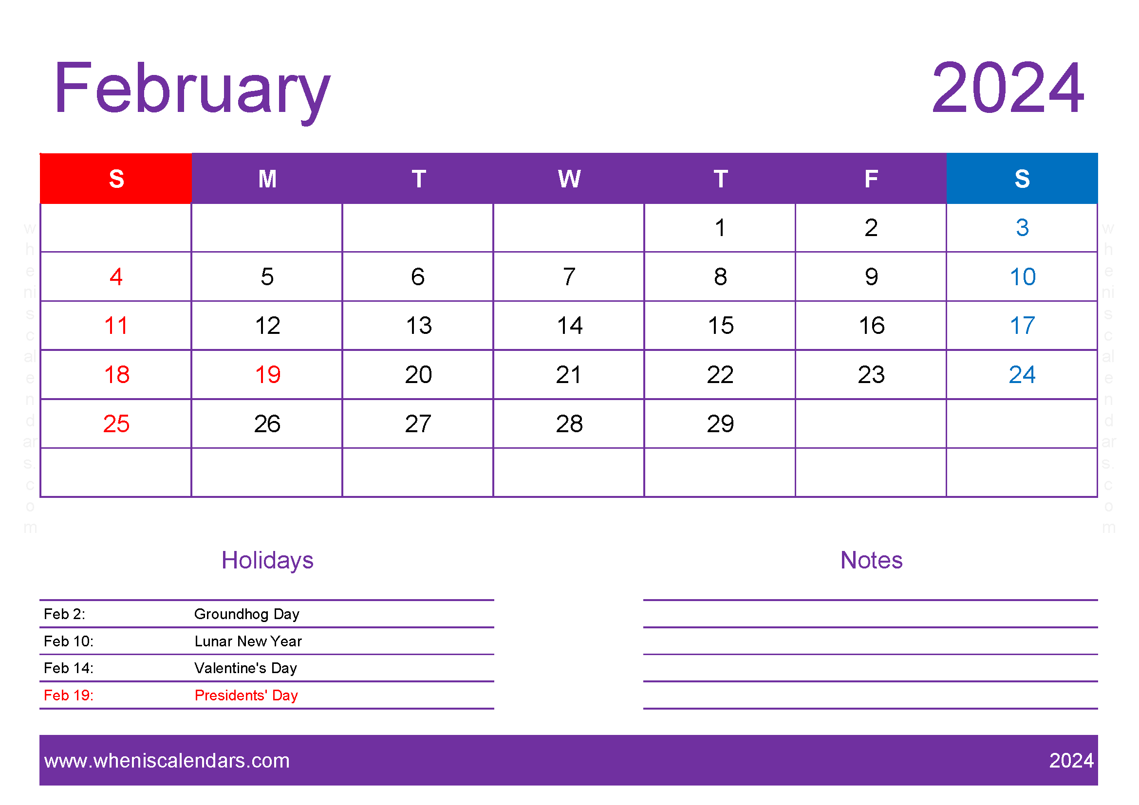 February 2024 Blank Calendar pages Monthly Calendar