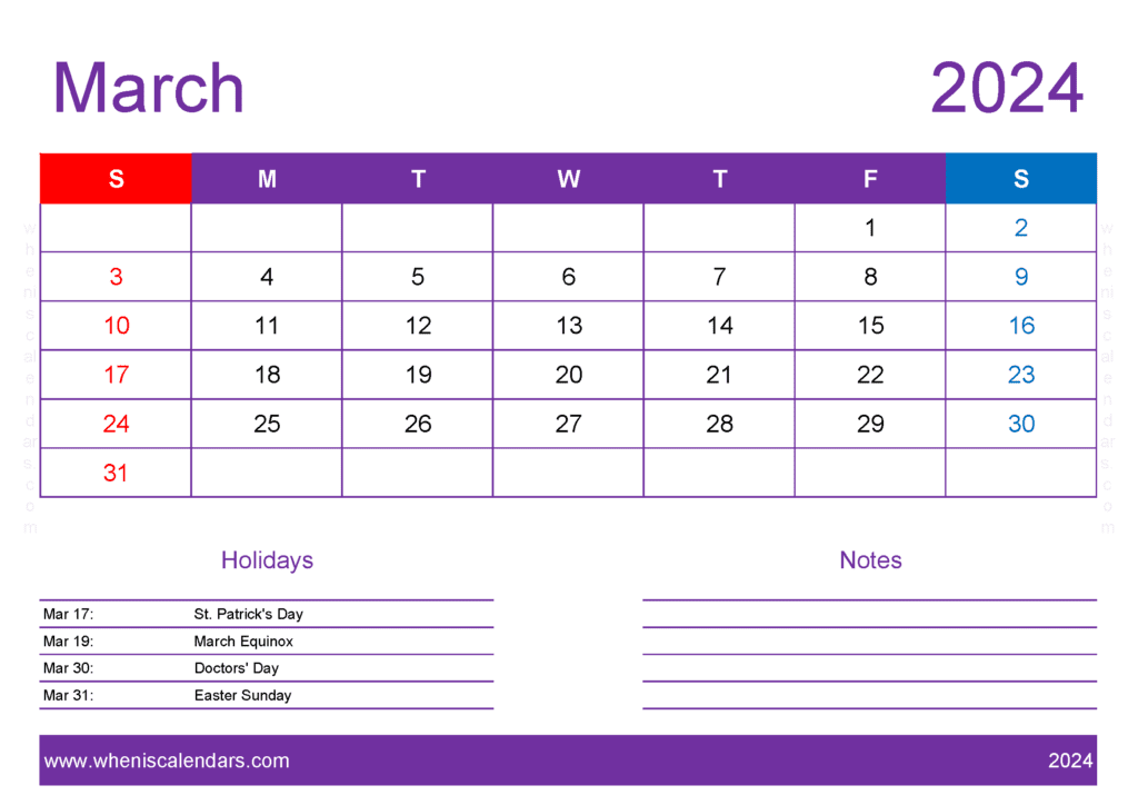 Download March 2024 Blank Calendar pages A4 Horizontal M34417
