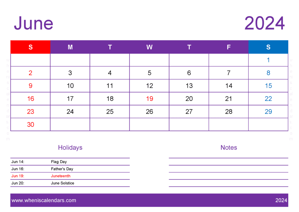 Download June 2024 Blank Calendar pages A4 Horizontal J64417