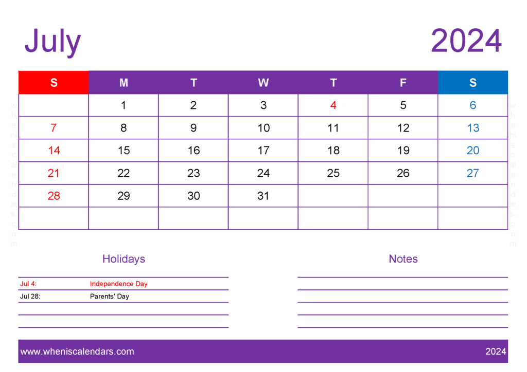 Download July 2024 Blank Calendar pages A4 Horizontal J74417