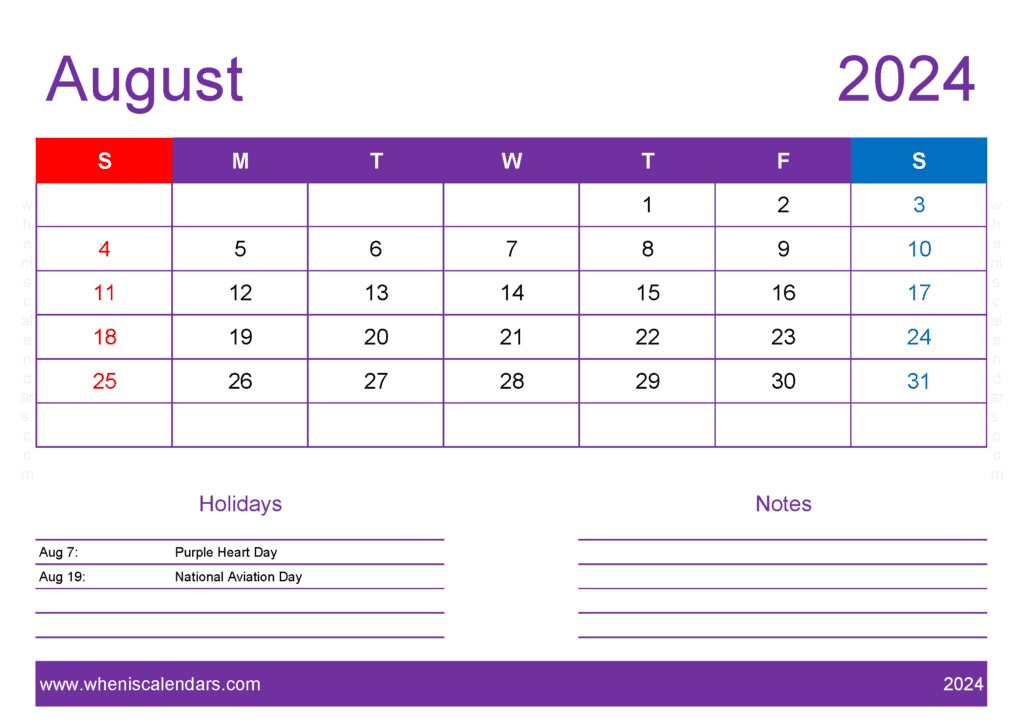 August 2024 Blank Calendar pages Monthly Calendar