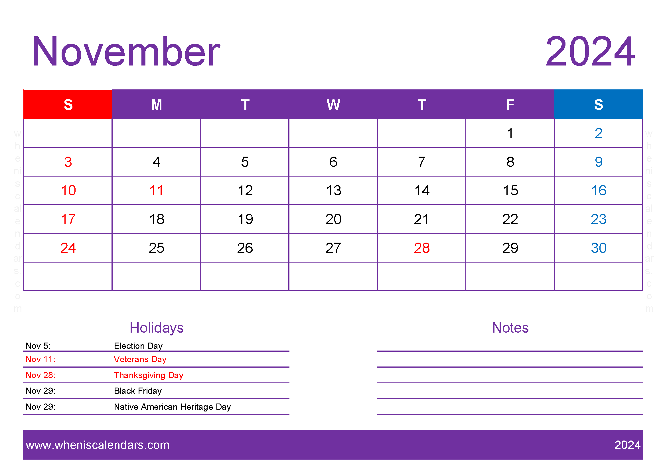 November 2024 Blank Calendar pages Monthly Calendar