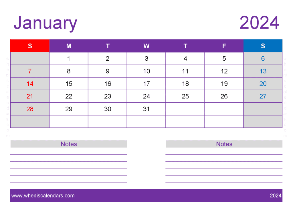 Blank monthly Calendar January 2024 Monthly Calendar