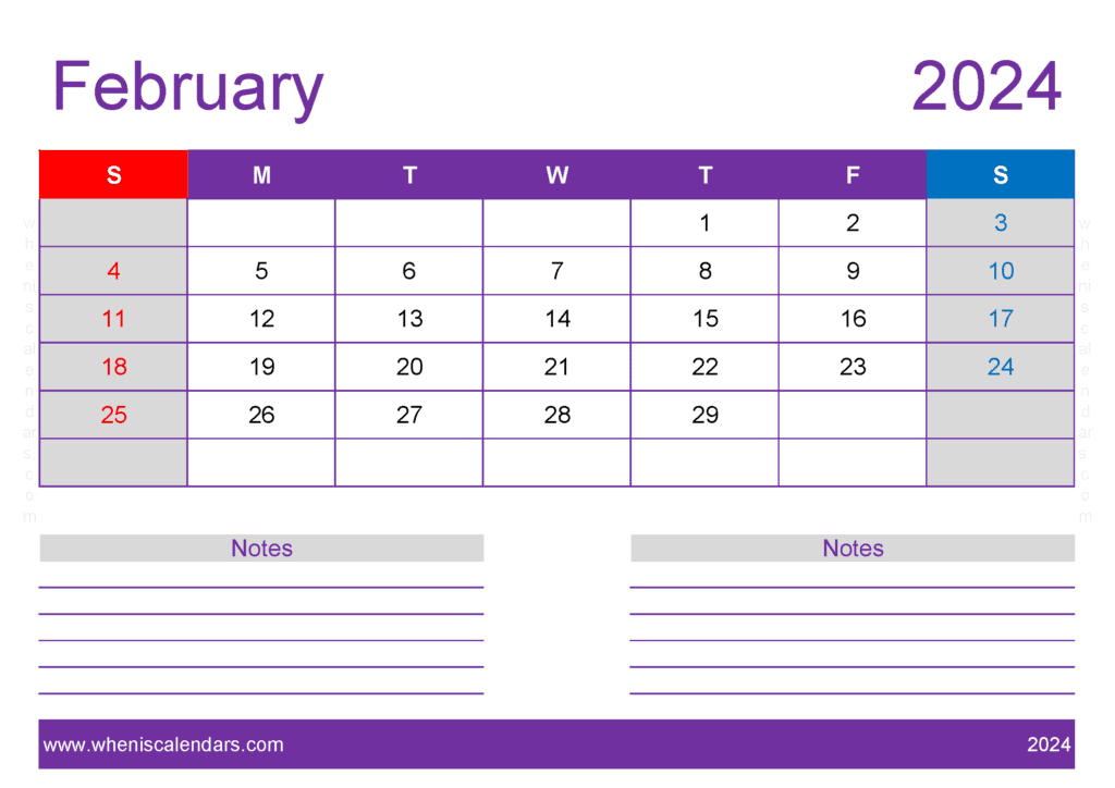 Blank monthly Calendar February 2024 F24218