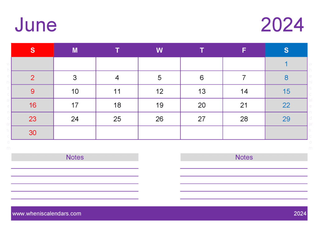 Blank monthly Calendar June 2024 J64218