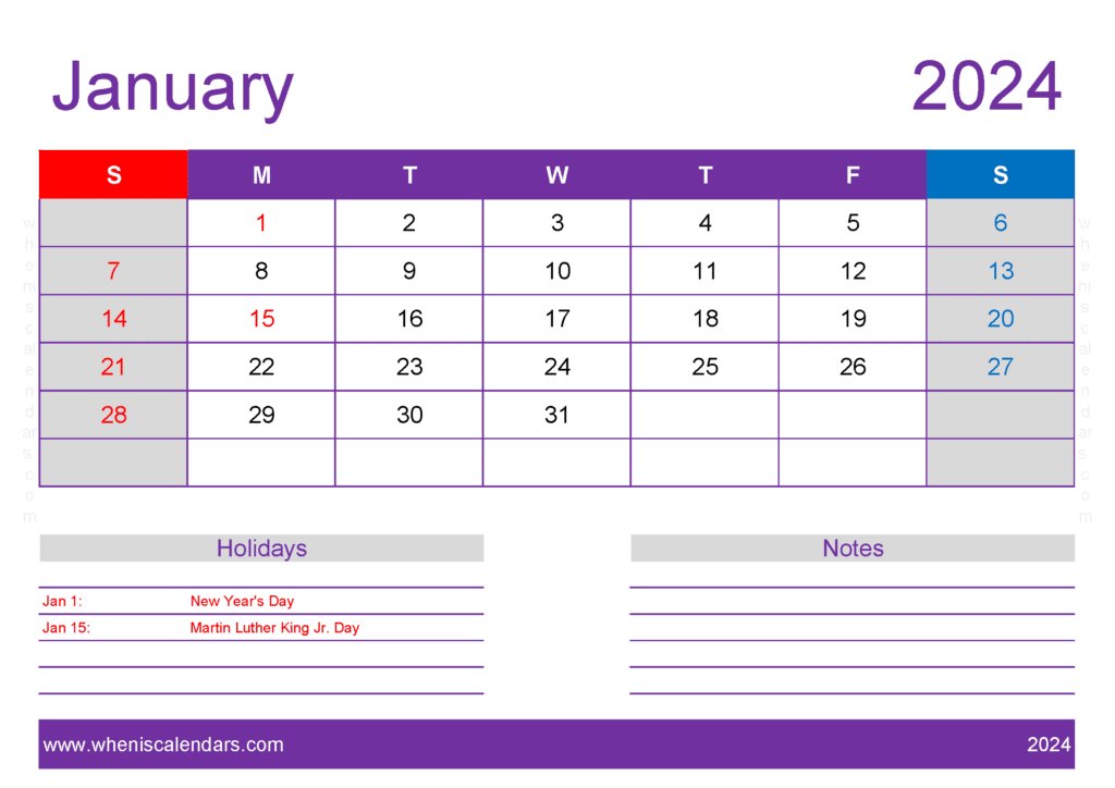 January 2024 Calendar pdf Free Monthly Calendar