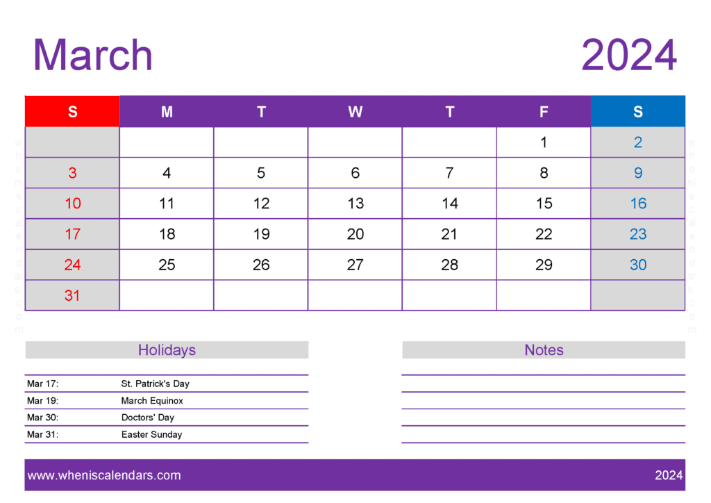 Download 2024 March Blank Calendar Template A4 Horizontal M34418