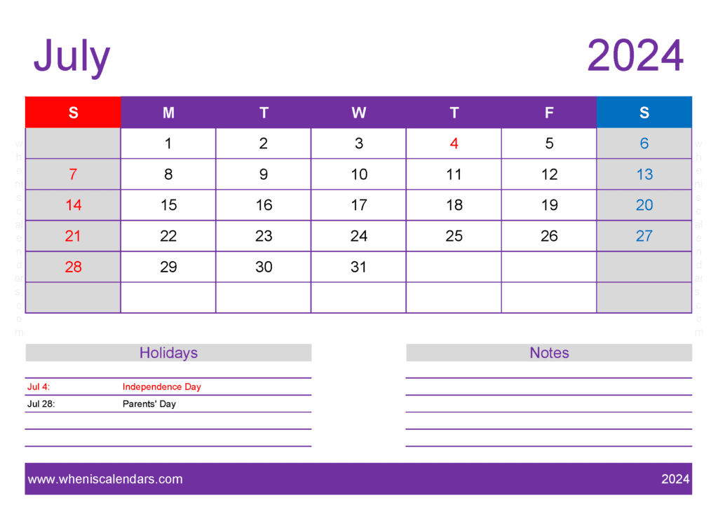 Download 2024 July Blank Calendar Template A4 Horizontal J74418