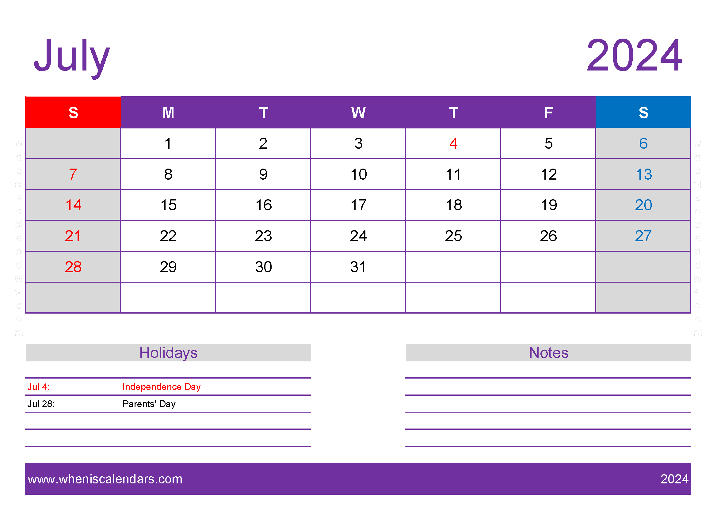 2024 July Blank Calendar Template Monthly Calendar