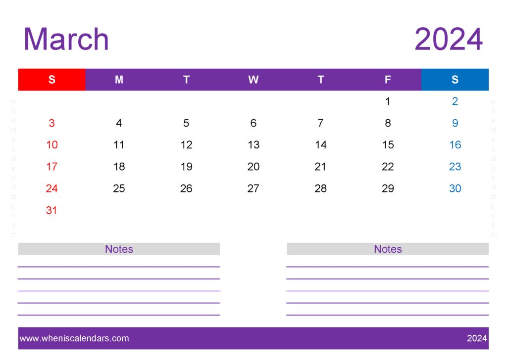 Download print Free March 2024 Calendar A4 Horizontal M34219