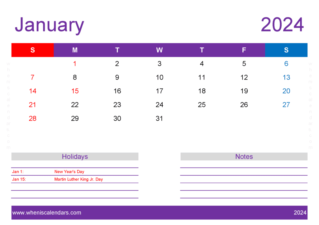 monthly Calendar January 2024 Printable J14139