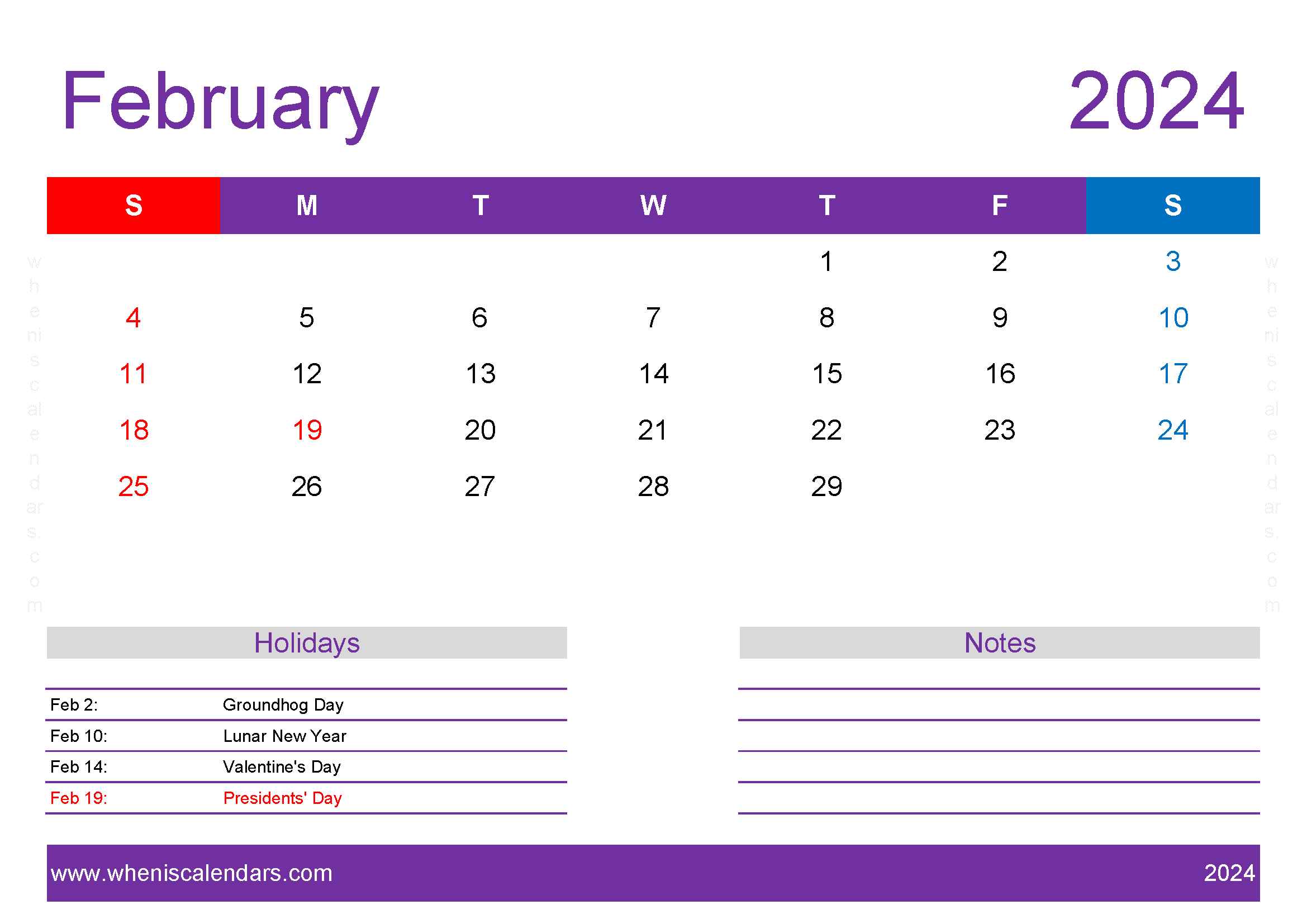 2024 February Calendar print off Monthly Calendar