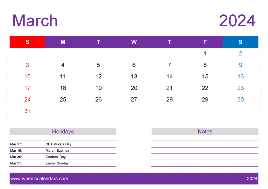 Download 2024 March Calendar print off A4 Horizontal M34419