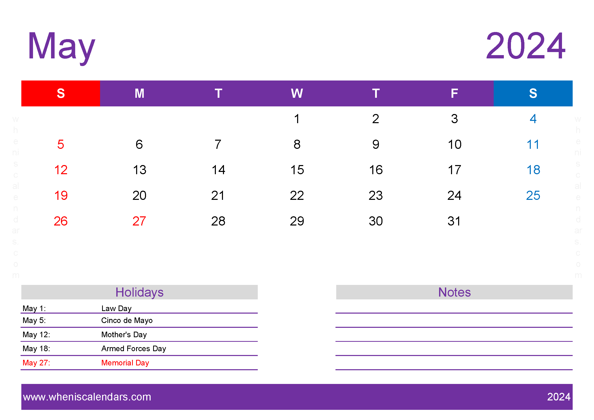 2024 May Calendar print off Monthly Calendar