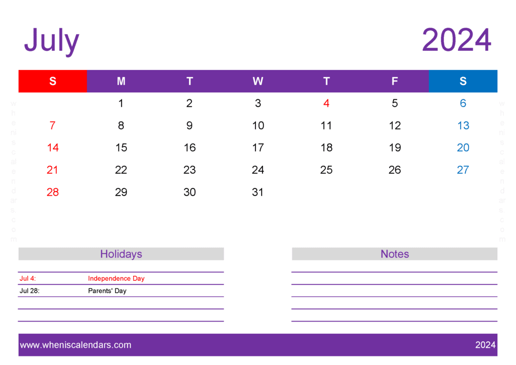 monthly Calendar July 2024 Printable J74139