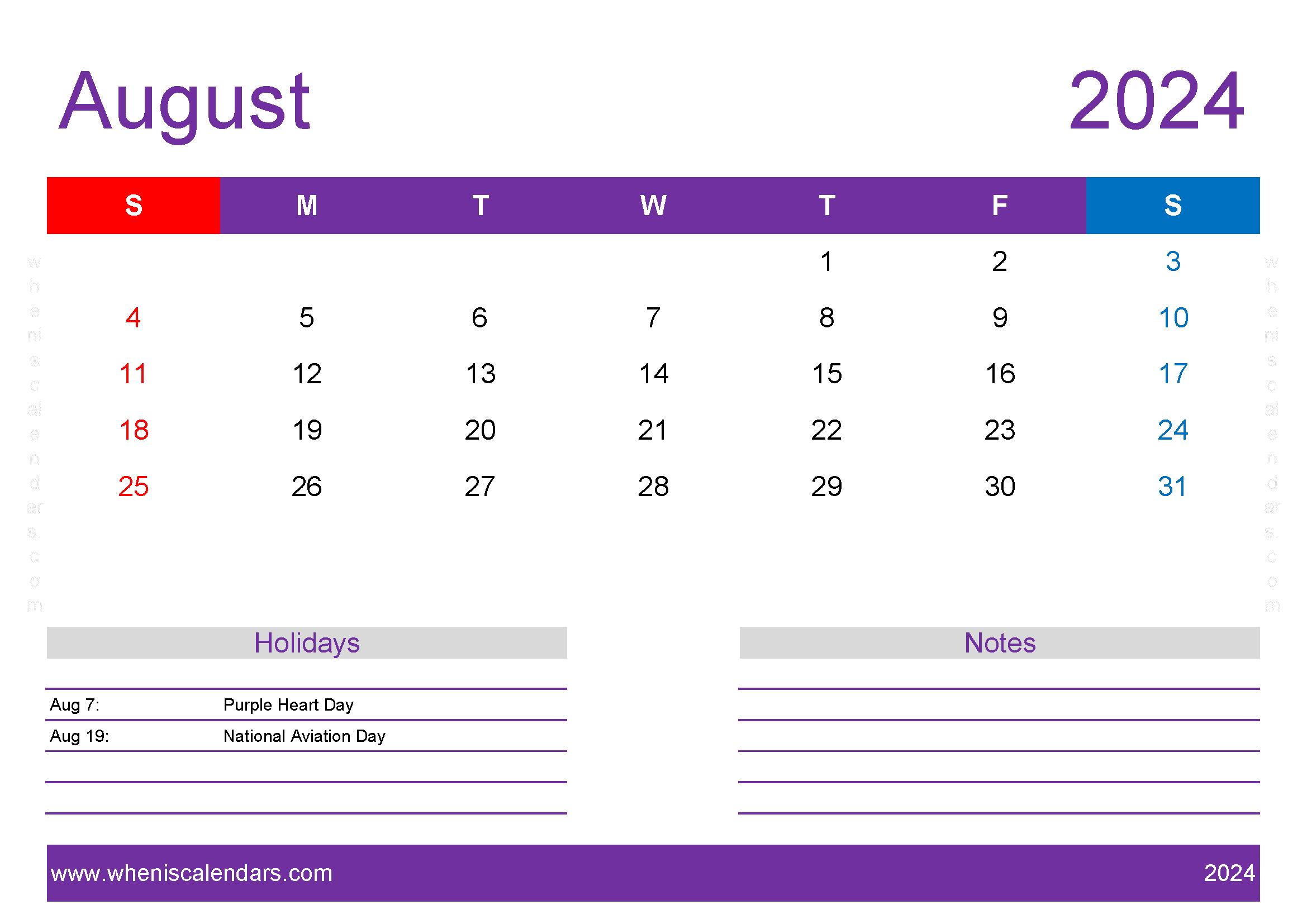 2024 August Calendar print off Monthly Calendar