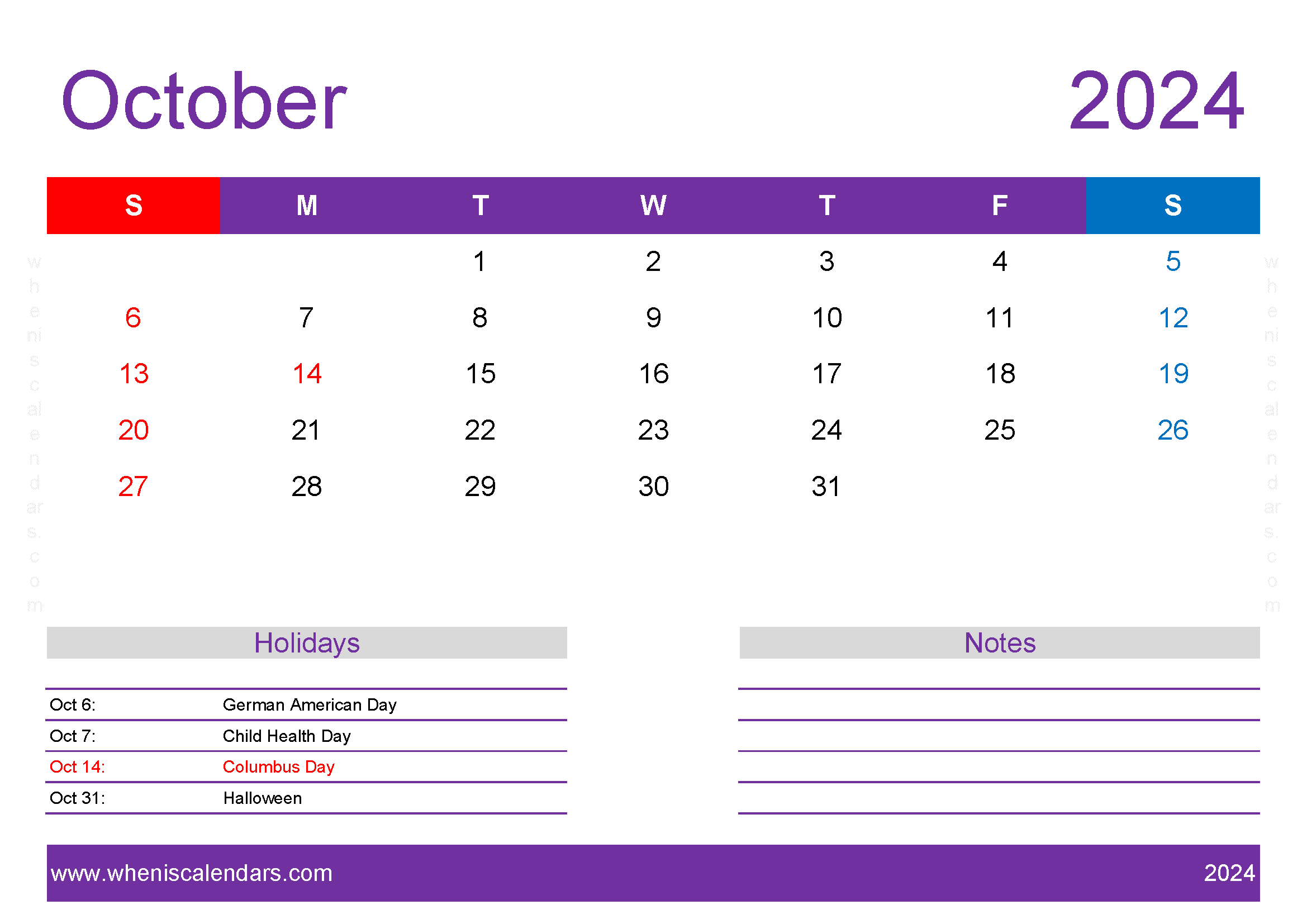 2024 October Calendar print off Monthly Calendar